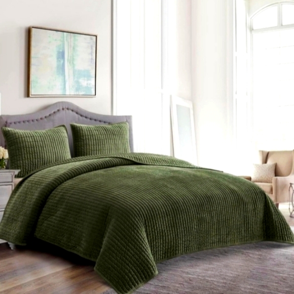 Queen Size Army Green Striped Velvet Quilted Coverlet Bedspread Shams Quilt Set - Picture 14 of 14
